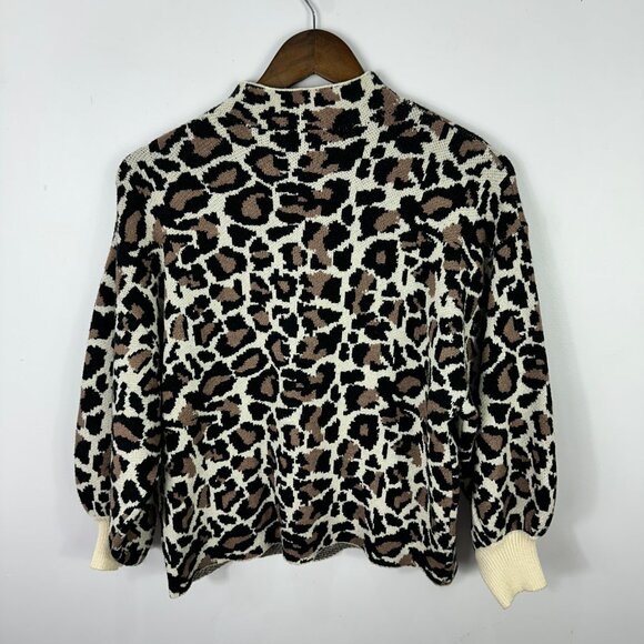 Line & Dot Leopard Sweater Women L Mock Neck Balloon Sleeve Animal Print Chic - Picture 7 of 7